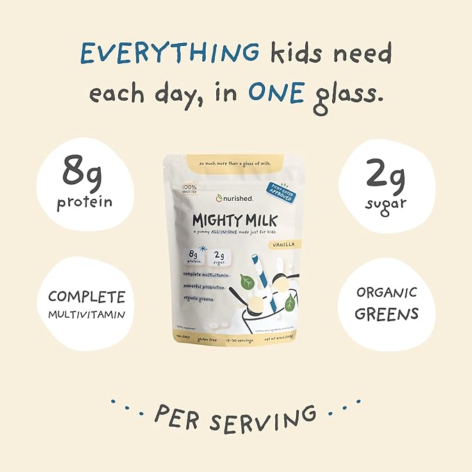 Vanilla Mighty Milk - Kids All-in-One Daily Protein Powder &amp Multivitamin Boosted with 2 Billion Probiotics &amp Organic Spinach - Natural Flavors Colors &amp Sweeteners - 15-30 Servings