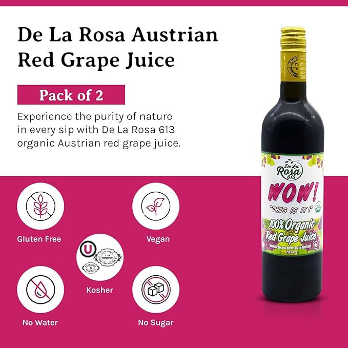 De La Rosa Austrian Red Grape Juice Kosher Non-GMO &amp Gluten Free 100% Organic Red Grape Juice No Sugar Added No Preservative No Water Added 25.4 Oz Glass Bottle (Pack of 2)