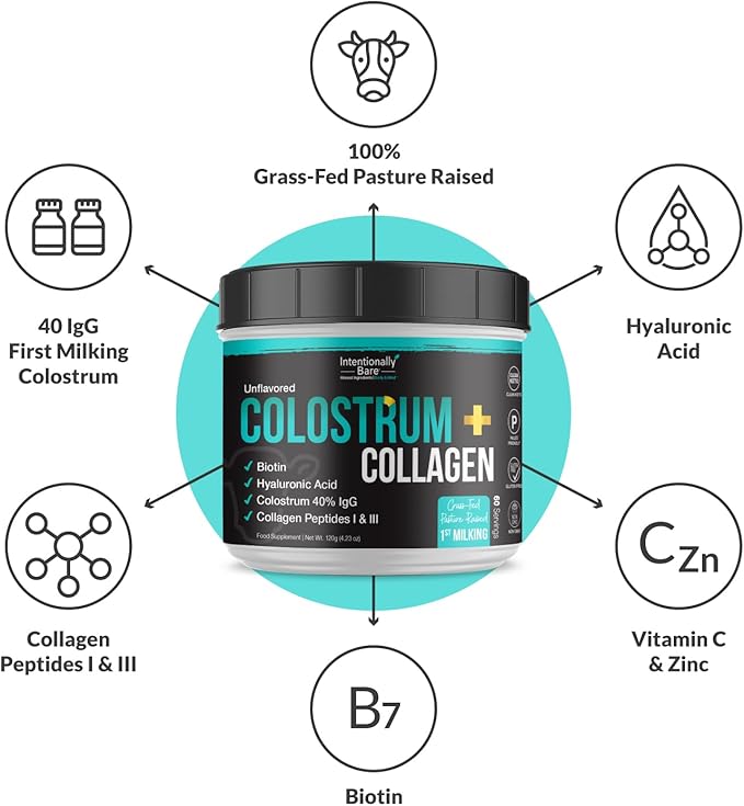 Intentionally Bare Colostrum and Collagen Powder - Bovine Colostrum Powder for Gut Health Immunity Hair Skin and Nails - Unflavored Collagen Supplement with Biotin &amp Hyaluronic Acid - 60 Servin