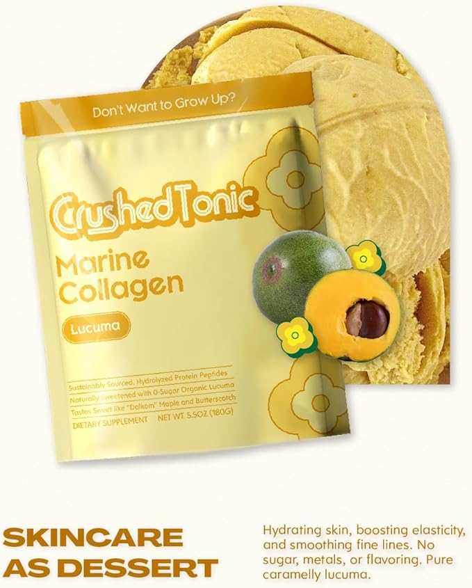 Crushed Tonic Korean Beauty Collagen Powder | Hydrolyzed Marine Collagen Peptides for Skin Glow Hair &amp Nails | K-Beauty Drink | Gluten-Free Halal &amp Kosher (Lucuma 30 Servings (150 g) Pouch