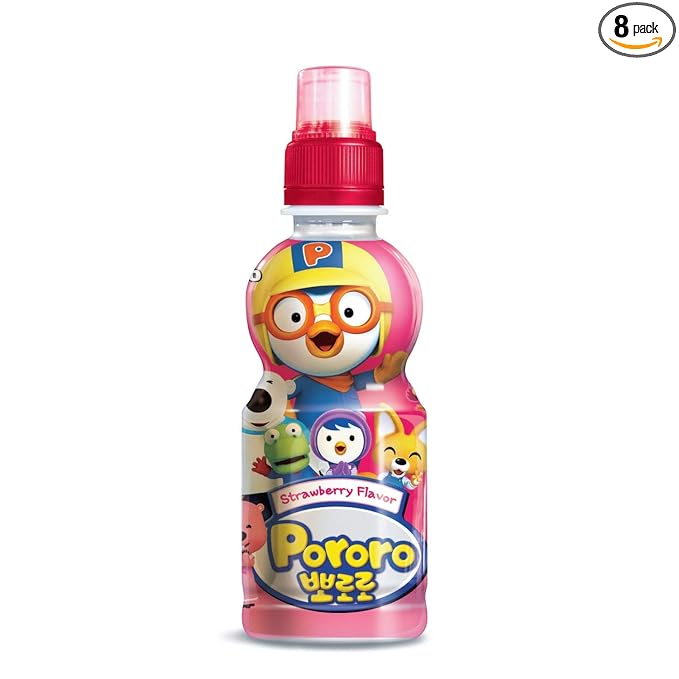 Paldo Fun &amp Yum Pororo Kids Strawberry Flavor Drink Pack of 8 Fruit Juice Drinks with Comfortable Push-Pull Sports Cap Perfect Drink for Children 7.95 fl oz. x 8