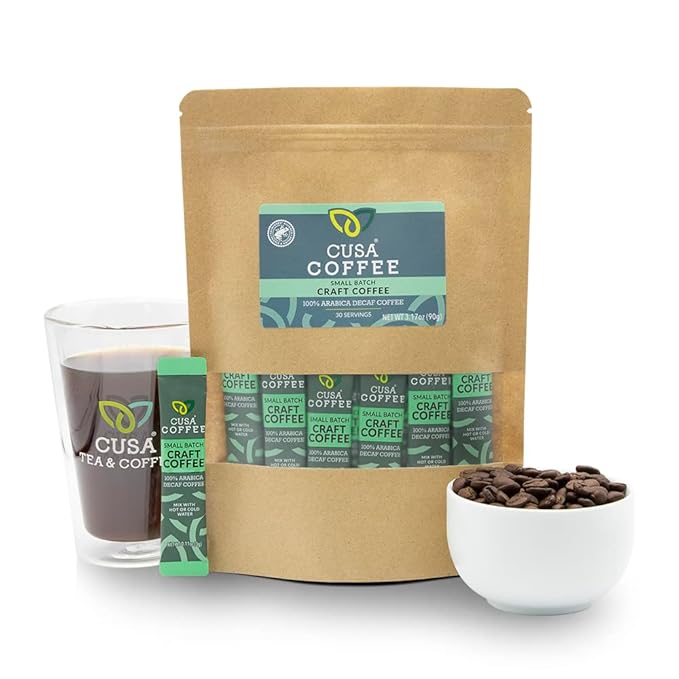 Cusa Tea &amp Coffee | Premium Instant 100% Arabica Decaf | Rainforest Alliance Certified Arabica Beans | Hot or Cold Brew Drink Mix Packets (30 Single Servings)