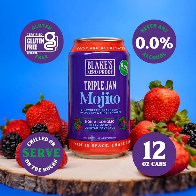 Blake’s Zero Proof Triple Jam Mojito Sparkling Mocktail – Non Alcoholic Carbonated Juice Beverage Gluten Free Berry Mint Inspired Flavor Lightly Carbonated Cocktail-Inspired Drink 12 Pack of Cans