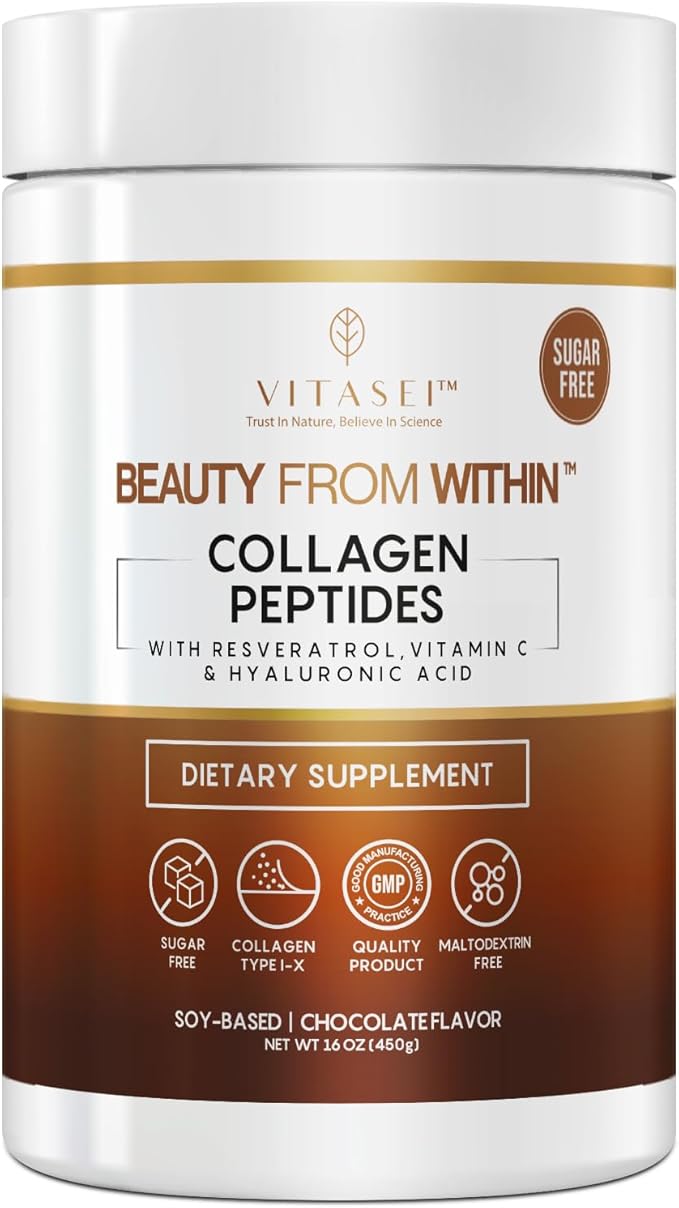 Hydrolyzed Collagen Peptides Powder with Vitamin C Resveratrol &amp Stevia – Hair Skin &amp Nails Vitamins for Women &amp Men – Sugar Free Chocolate Flavored – 16 oz