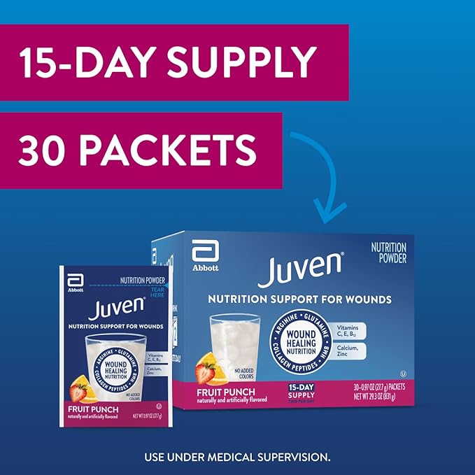 Juven Therapeutic Nutrition Drink Powder Including Collagen Peptides Amino Acids and HMB For Wound Healing Support Fruit Punch 30 Packets