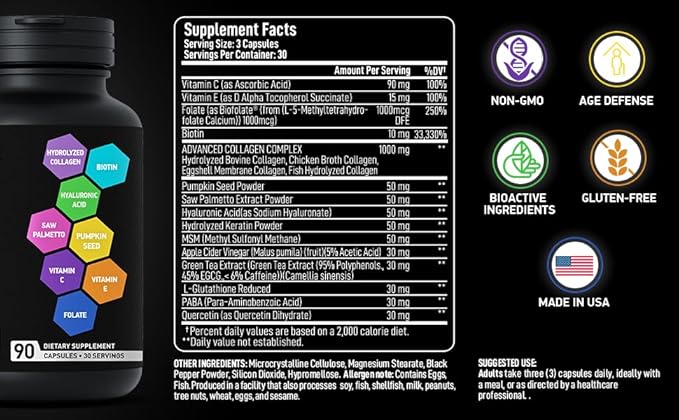 Age Defense Beauty Collagen Matrix - 2000mg Multi Collagen Biotin Keratin Hyaluronic Acid Saw Palmetto Supplement Complex - DHT Blocker for Men &amp Women for Hair Growth - 2-PACK 180 Gluten-Free C