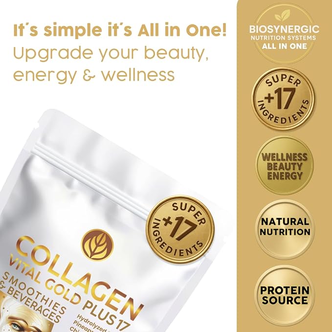 Vital Life Collagen Peptides Powder - Hydrolyzed Collagen with +17 Super Ingredients 1 lb Pineapple Flavor Supplement for Healthy Hair Skin Nails Bones Joints Collagen for Women &amp Men.