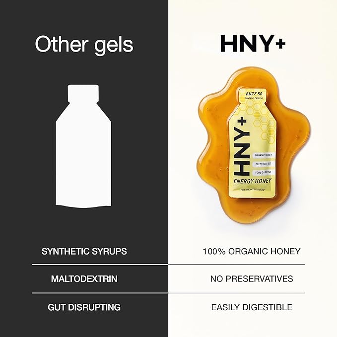 HNY+ Organic Honey Energy Gel with Electrolytes Magnesium Sea Salt &amp Potassium Gluten Free &amp Vegan Workout Gels for Gym Running Cycling &amp Hiking Sports Nutrition Caffeine Free 12