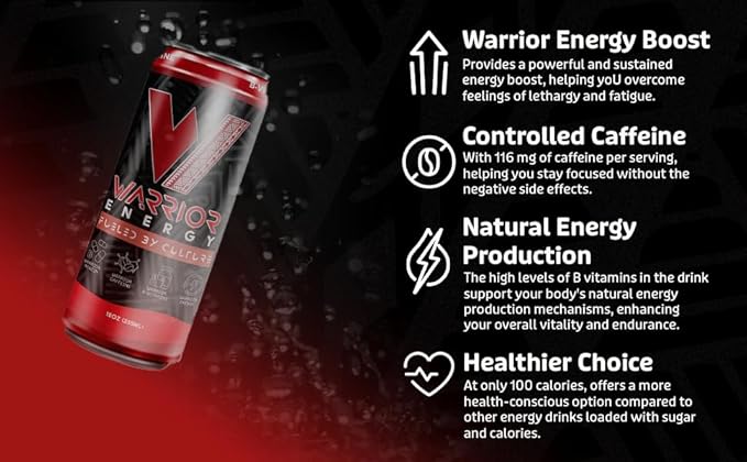 Warrior Energy Drink Regular Sugar - Fuel Your Day with our Low-Calorie High-Energy Boost Packed with B-Vitamins Balanced Caffeine &amp Unique Taste - 12oz 12-pack
