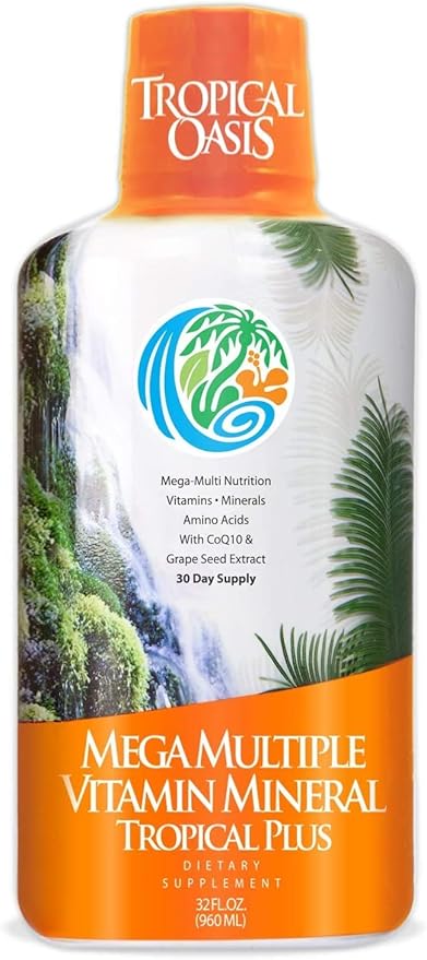 Tropical Oasis Mega Plus - Liquid Multivitamin and Mineral Supplement – Includes 85 Vitamins &amp Minerals 20 Amino Acids + CoQ10 Grape Seed Extract &amp Organic Aloe Vera - 32oz 32 Servings 334