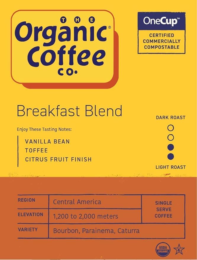 The Organic Coffee Co. Compostable Coffee Pods - Breakfast Blend (80 Ct) K Cup Compatible including Keurig 2.0 Medium Roast USDA Organic