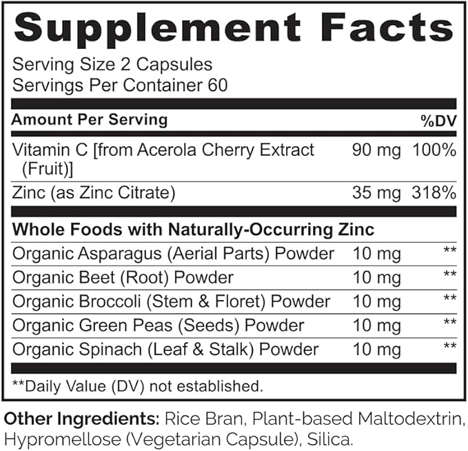 NATURELO Vegan Zinc Immune Support Capsules - Whole Food Complex with Vitamin C for Healthy Skin Hair and Nails - 120 Capsules