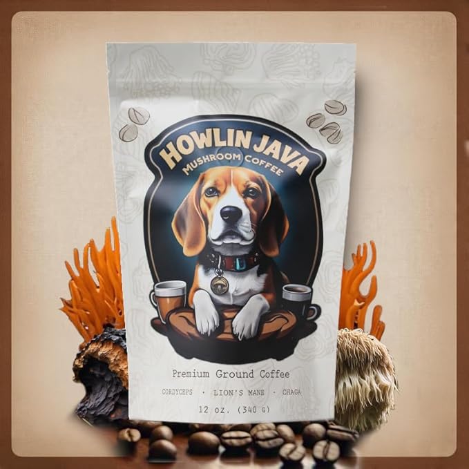 Howlin Java Mushroom Coffee Premium Ground Coffee with 1 gram each of Lion's Mane Chaga and Cordyceps. Increase Energy Focus and Immunity with our Adaptogenic blend! 28 servings