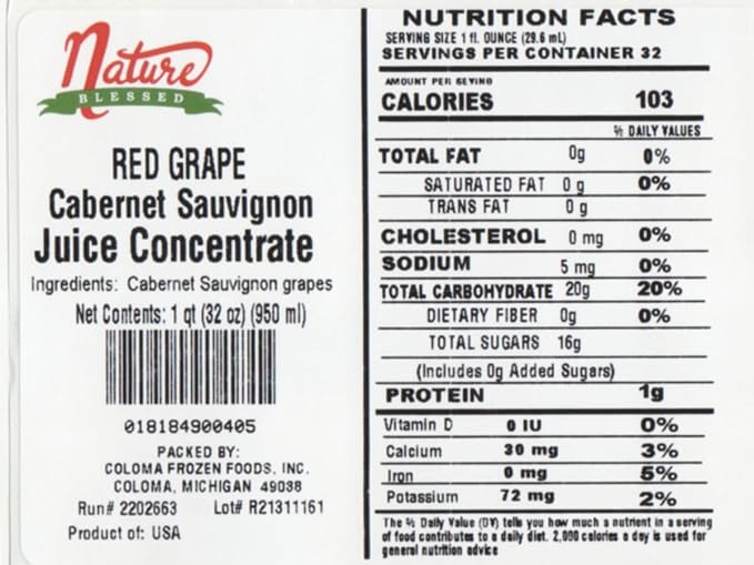 Nature Blessed 100% Pure Cabernet Sauvignon Red Grape Fruit Juice Concentrate - 2 Quarts (2/32 fl oz bottles) Excellent for Home Brewers Vintners Smoothies
