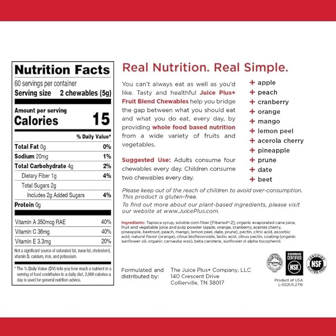 Juice Plus+ Fruit Blend Soft Chews (Chewables) - Boost Your Nutrition with 11 Fruits &amp Plant Ingredients - Vegan Gummy for Kids &amp Adults - Vitamins Whole Food Nutrition - 120 Chewables