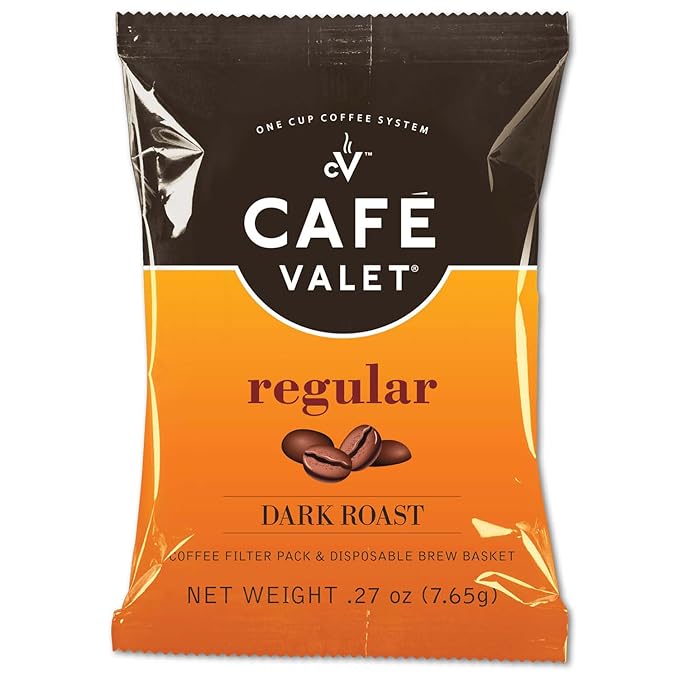Café Valet Regular Dark Roast Single Serve Coffee Packets – 84 Count – For Use with Café Valet Single Serve Cofee Makers – Disposable Brew Basket &amp Cofee Pack