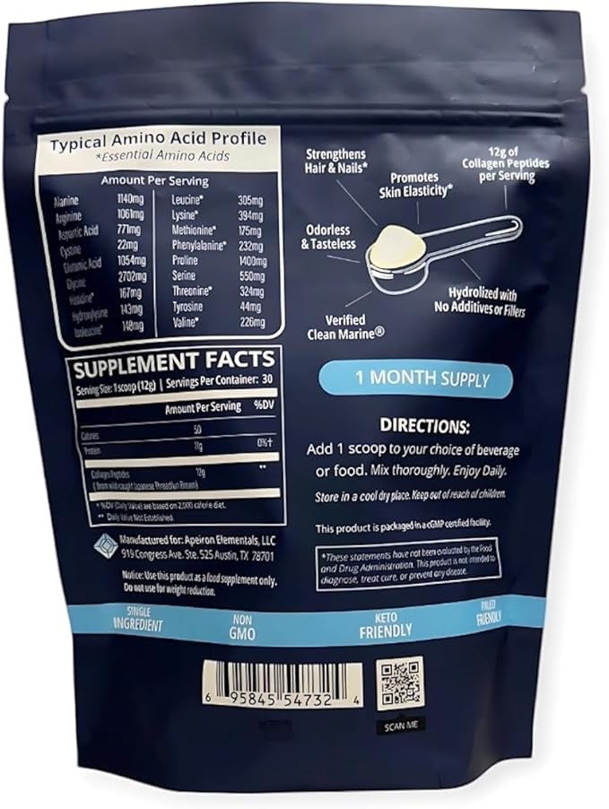 Hydrolyzed Marine Collagen Peptides Powder - Sourced from Wild-Caught Fish Pescatarian Friendly Keto Certified &amp Non-GMO - Easy to Mix - Single Ingredient (30 Servings)
