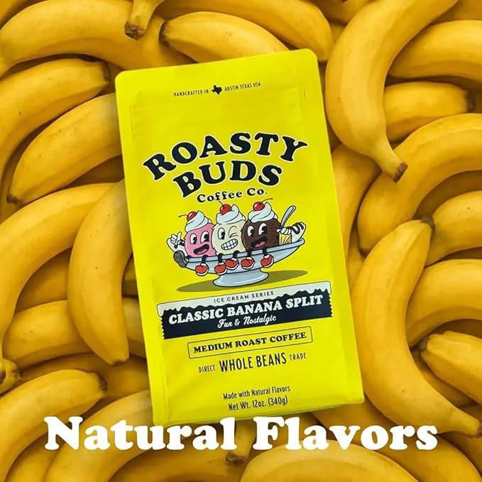 Roasty Buds Banana Split Ground Coffee 12oz | Flavored Dessert Coffee | Bold Roast | Gluten-Free Non-GMO No Sugar Dairy Soy or Egg | Premium Banana Split Flavor