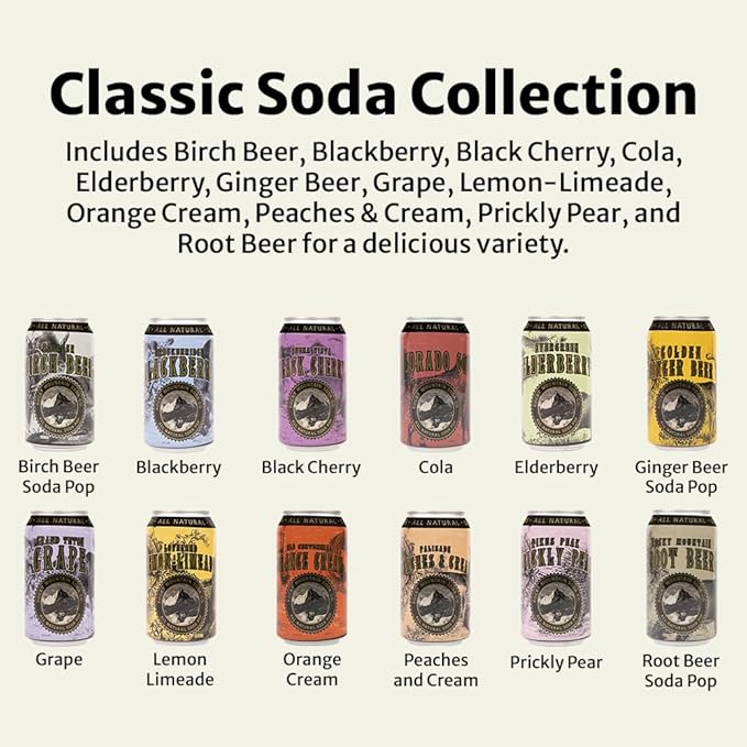 Rocky Mountain Soda 24‑Pack 12 Fl Oz Cans Small‑Batch Craft Soda Pop Gluten‑Free Vegan Organic Cane Sugar No Preservatives No Added Sodium 12 Flavors Variety Pack Soda Pop