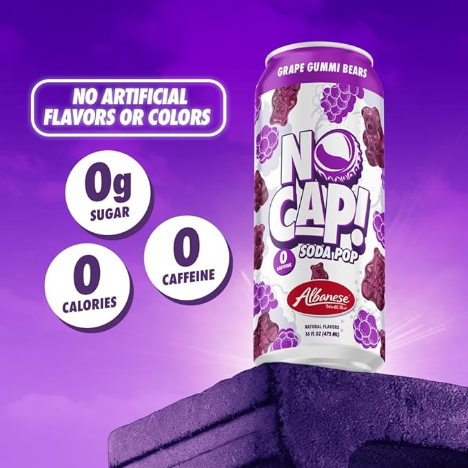 No Cap! Healthy Soda Alternative Natural Allulose Zero Sugar Zero Calorie Caffeine Free | Hydrating Electolytes Natural Flavors 16 oz. (Grape Gummi Bear)