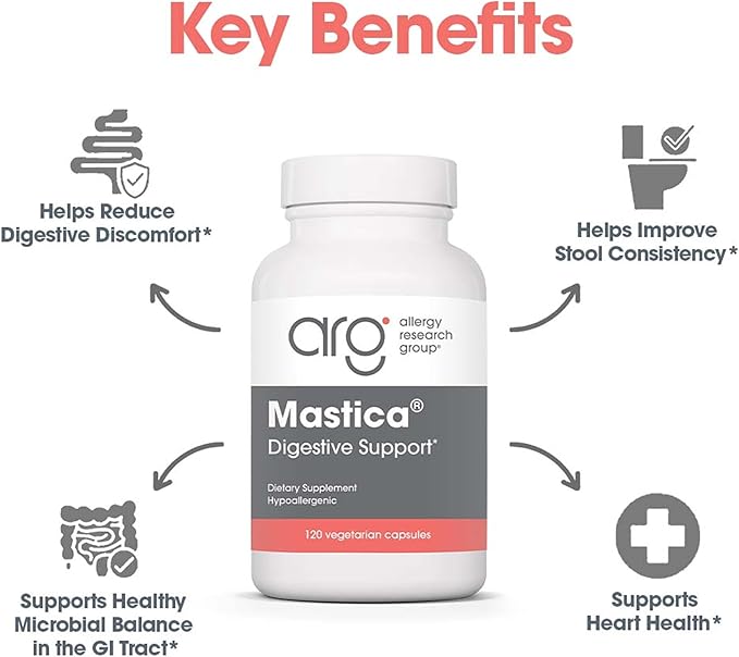 Allergy Research Group ARG Mastica Digestive Support - Supports Digestive Comfort - Delivers 1000 mg Chios Mastic Gum Resin per Serving - Vegetarian &amp Hypoallergenic - 60 Servings - 120 Capsules