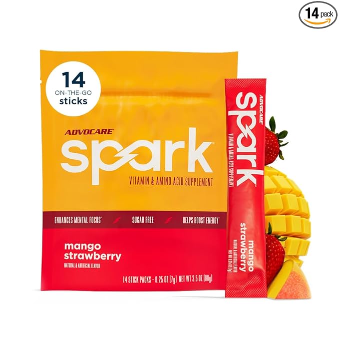 AdvoCare Spark - Energy Drink Mix - Vitamin &amp Amino Acid Supplement - Supports Energy &amp Focus* - Portable Immune Support* - Sugar-Free - Mango Strawberry 14 Stick Packs (3.5 oz)