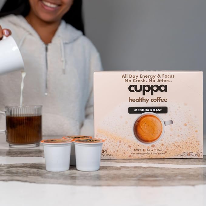Cuppa Medium Roast Mushroom Coffee with Adaptogens &amp Superfoods - Lion’s Mane Ashwagandha &amp Cordyceps. Adaptogens + MCT to support natural energy mental focus &amp gut health (24 Servings)