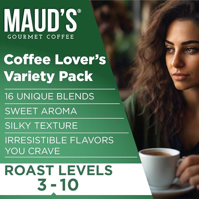Maud's Coffee Lovers Variety Pack Coffee Pods 40 ct 16 Assorted Flavors in Single Serve Pods – 100% Arabica Beans Compatible with Keurig K Cups Maker
