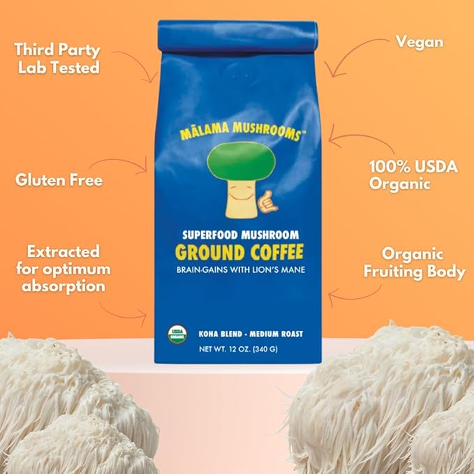 Malama Organic Mushroom Coffee Adaptogenic Mushroom Coffee with Lion's Mane for Focus Memory &amp Inmune Support – Blended with Organic Kona Roast | 12oz Bag