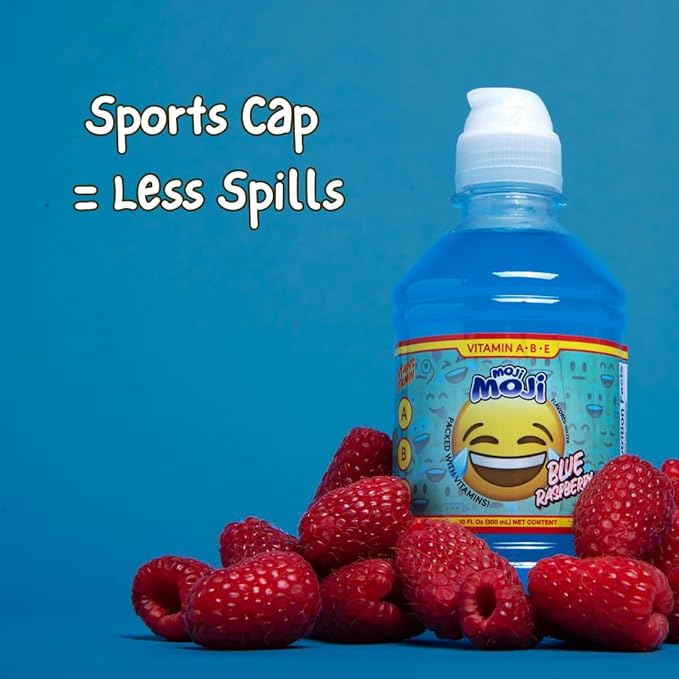 MOJI-MOJI Kids Vitamin Drink – with Vitamins A B &amp E Fun Emoji Bottles 4 Flavors Sports Cap Spill-Resistant 10.1 Fl Oz Pack of 24 (10.1 Fl Oz Watermelon Strawberry)