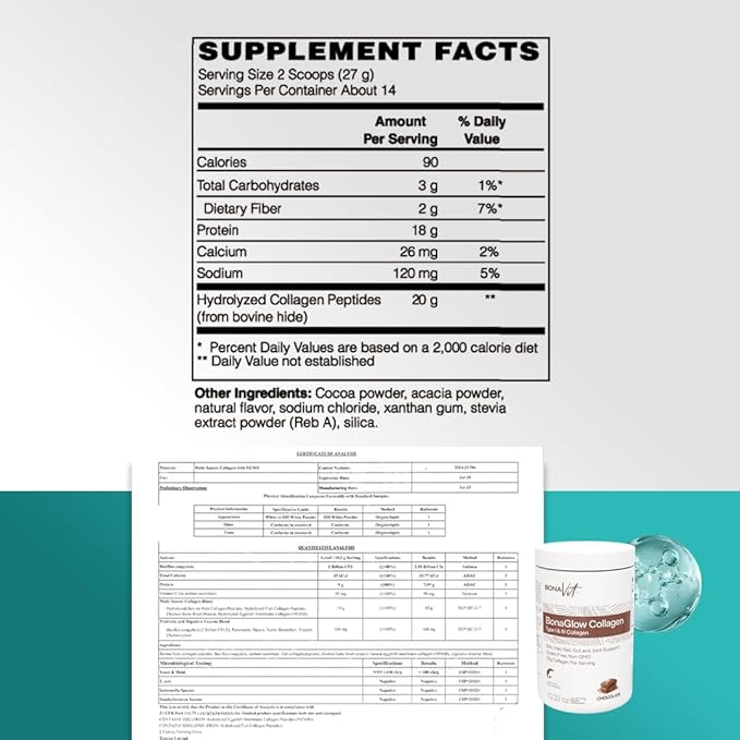 Collagen Peptides - Type I &amp III - Premium Hydrolyzed Collagen Powder - with Digestive Enzymes &amp Probiotics - High Dosis of Collagen &amp Protein - 14 Servings - BonaGlow Chocolate