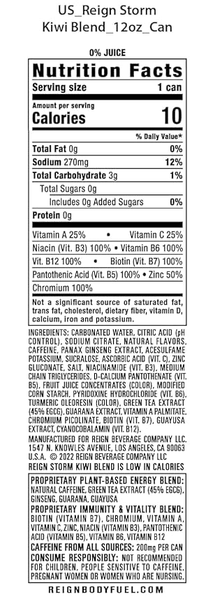 REIGN Storm Kiwi Blend Energy Drink 12 Fl Oz Cans (Pack of 6) | 200mg Plant-Based Caffeine Biotin B Vitamins Zinc Vitamins A &amp C Chromium | Zero Sugar No Artificial Flavors or Colors