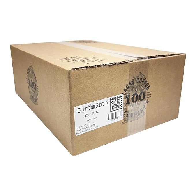 Lacas Coffee Colombian Supremo Ground Coffee Medium Roast 24 x 3oz Fractional Packs with Filters – Single Origin from Huila Pre-Portioned for 64oz Brew Pots