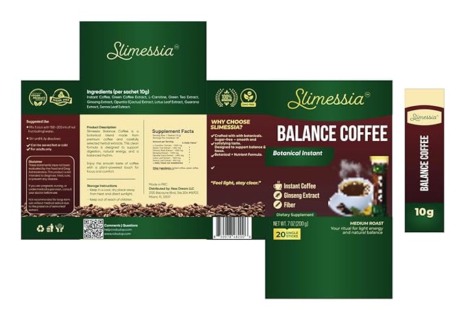Slimessia Balance Coffee Medium Roast Instant Coffee with Botanicals 20 Single Sticks 7 oz