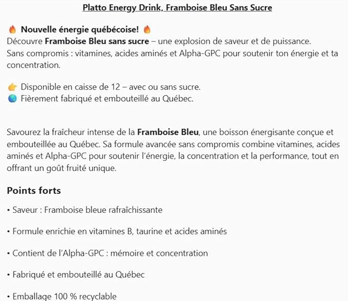 Platto Energy Drink Blue Raspberry Framboise Bleu 12X473ML Sans SucreSugar Free