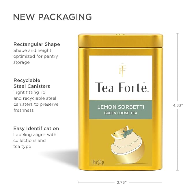 Tea Forte Lemon Sorbetti Premium Loose Leaf Caffeinated Green Tea Blend Canister Makes 35-50 Cups