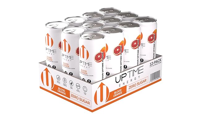 UPTIME Energy Drink Blood Orange Sparkling 12 Pack Vitamin C L Theanine Calcium Sugar Free Energy Drinks for Focus Support 142mg of Natural Caffeine 0 Calories Clean Natural 12 fl oz Cans