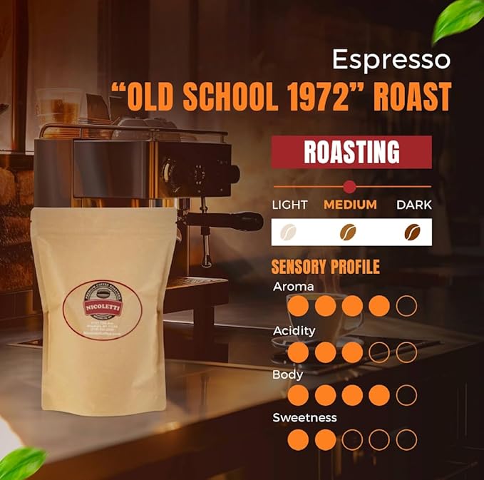 Nicoletti Coffee Old School 1972 Espresso Roast 12oz Whole Beans (Made in Brooklyn NY since 1972) Fresh roasted with date.