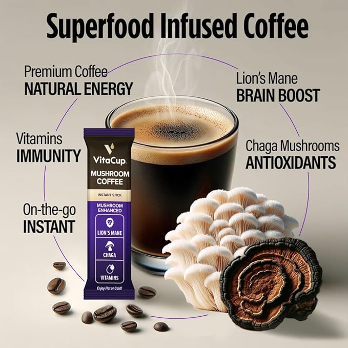 VitaCup Mushroom Coffee Instant Packets for Memory &amp Clarity Support w/Fiber Chaga Lion’s Mane D3 B Vitamins Medium Roast 100% Arabica &amp Robusta Coffee in Single Serve Sticks 72 Ct