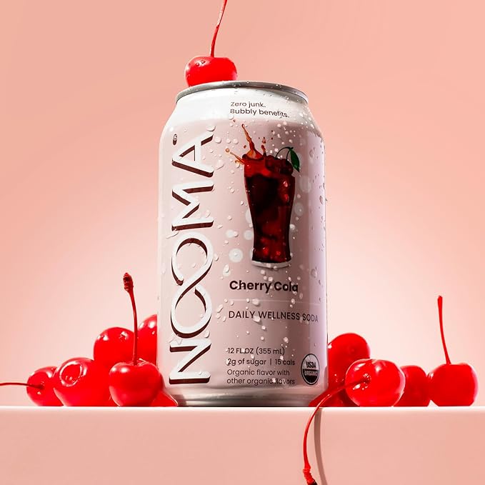 NOOMA - Daily Wellness Soda - Low Calorie &amp Low Sugar Healthy Soda - Organic &amp No Sucralose or Aspartame - Supports Muscle Recovery &amp Immune System - Vegan - Cherry Cola - 12 Pack (12oz ea