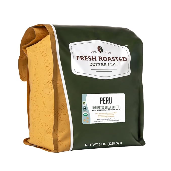 Fresh Roasted Coffee Unroasted Organic Peru | USDA Organic 100% Single Origin Kosher | 5 Pound