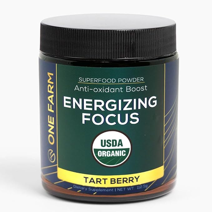 One Farm Energizing Focus Powder Blend - with USDA Organic Blackcurrant Matcha Lions Mane Cordyceps Rhodiola and More in a Resealable Glass Jar. 45 Servings - Tart Berry Flavor