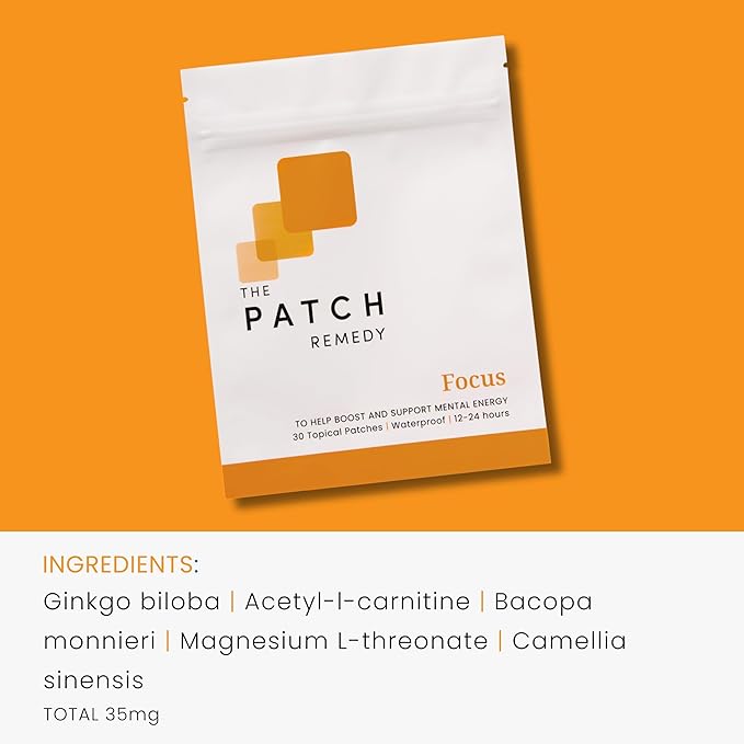 The Patch Remedy Focus Patch | Ginkgo Biloba Acetyl-L-Carnitine Bacopa Magnesium L-Threonate Green Tea | 30 Patches