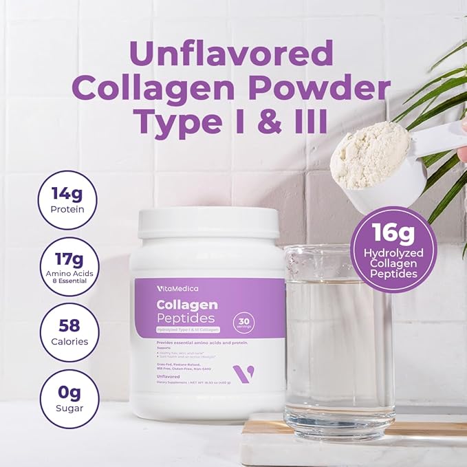 VitaMedica Collagen Peptides Powder for Women &amp Men - Healthy Hair Skin Nails Bones and Joints - Hydrolyzed Types I &amp III Grass-Fed Pasture-Raised Protein Zero Sugar - 30 Servings