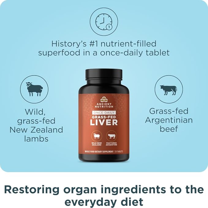Ancient Nutrition Organ Supplements Once Daily Grass-Fed and Wild Organ Complex Capsules Beef &amp Lamb Liver Supports Healthy Blood Gut and Liver 30 Ct