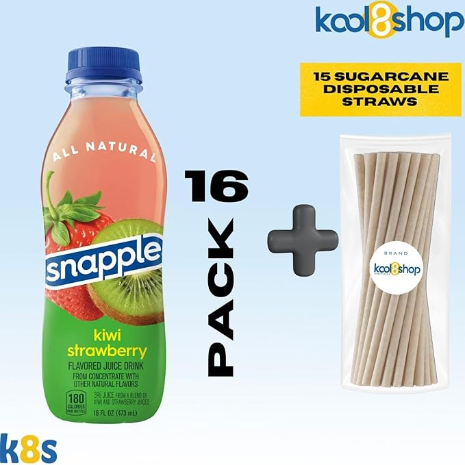 Snapple Kiwi Strawberry All Natural Fruit Juice 16 fl oz Plastic Bottles 16 Pack + 15 Sugarcane Disposable Straws by KOOL8SHOP Infinite Deals