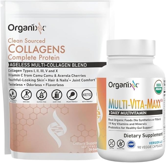 Organixx Clean Sourced Collagens (30 Serv) &amp Multi-Vita-Maxx (90 Caps) Bundle Protein w/Vitamin C &amp Zinc Plus USDA Organic Whole Food Multivitamin Supports Hair Joints &amp Daily Energy G