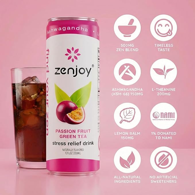 Zenjoy Stress Relief Drink Calming Green Tea &amp Black Tea Non Alcoholic Ashwagandha &amp Lemon Balm for Stress Relief L - Theanine (Variety) (12 Pack)