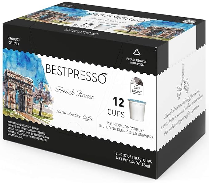 Bestpresso Coffee French Roast Single Serve K-Cup Pods Dark Roast 96 Count (Compatible With 2.0 Keurig Brewers) 8 Packs Of 12 Cups