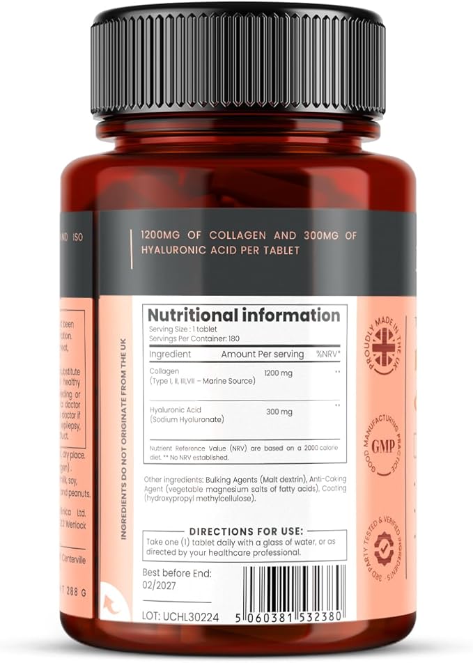 1500mg x 1080 Tablets. 1200mg of UltraColl Collagen &amp 300mg of Hyaluronic Acid per Tablet. (6 Bottles of 180 Tablets Each - 18 Months Supply)